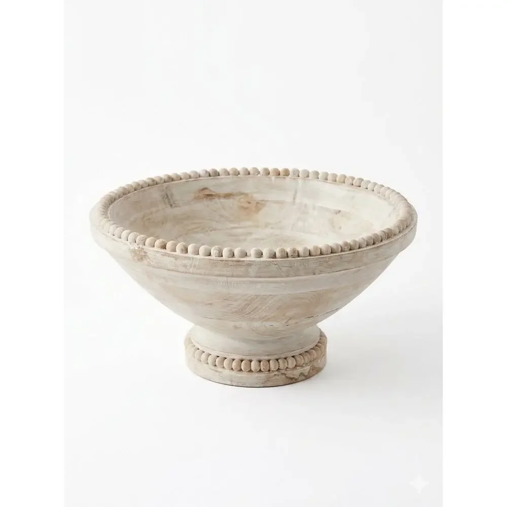 Boho Meets Coastal  White-Washed Beaded Mango Wood Pedestal Centerpiece Bowl